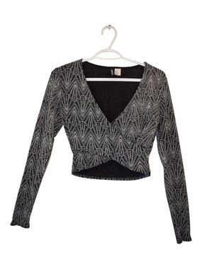 H&M Black Silver Glitter Wrap-Front Long Sleeve Crop Top